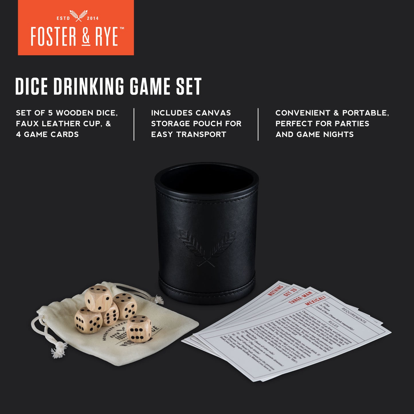 Wood Dice & Faux Leather Dice Cup Drinking Game Set by Foste